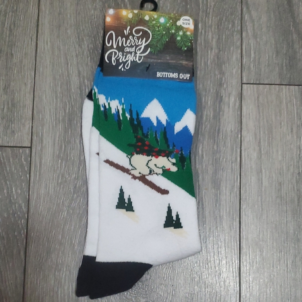 Merry and Bright Holiday White Polar Bear Ski and Trees White Casual Crew Socks